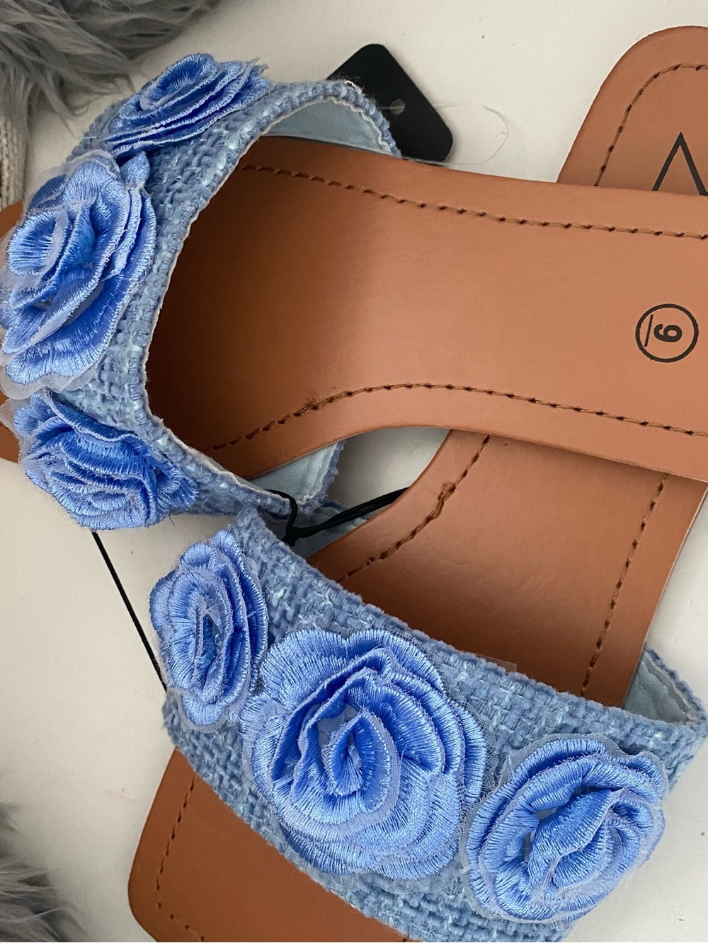 Material Girl Light Blue Floral Embroidered Slide Sandals